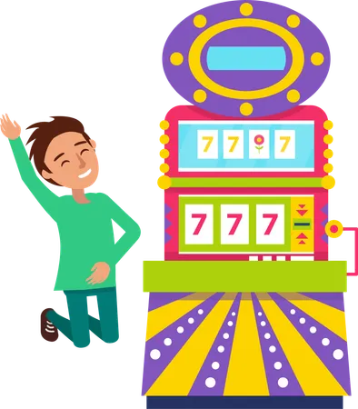Gambler Man Jumping Slot Machine Colorful Casino Equipment With Joystick Gamer Winner Score Icon Gambling Or Entertainment Win Or Success Vector Illustration