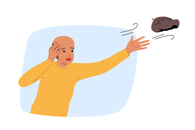 Wind blows away wig of confused man  Illustration