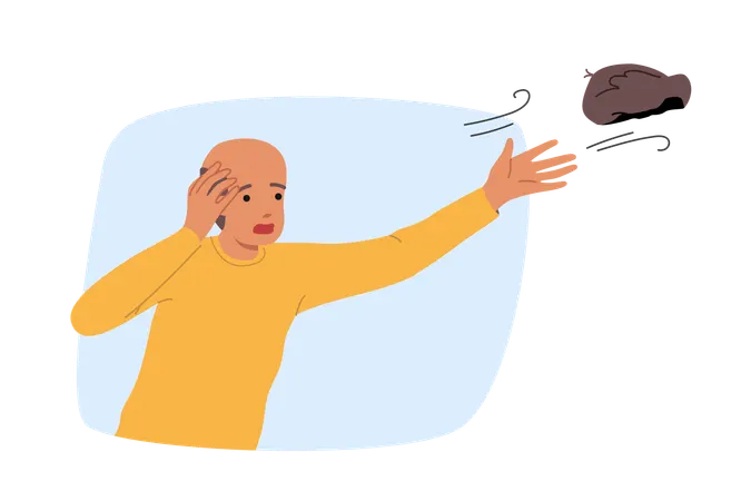 Wind blows away wig of confused man  Illustration