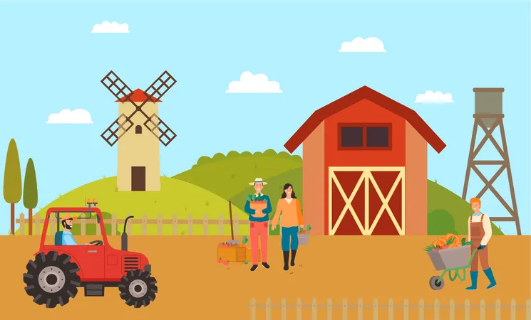 Windmills in farm  Illustration