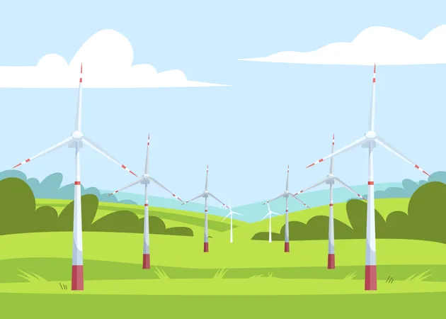 Alternative Energy Semi Flat Vector Illustration Electricity Ecological Generators Windmills In Field Scenery Renewable Electric Power Industry 2 D Cartoon Landscape For Commercial Use 일러스트레이션