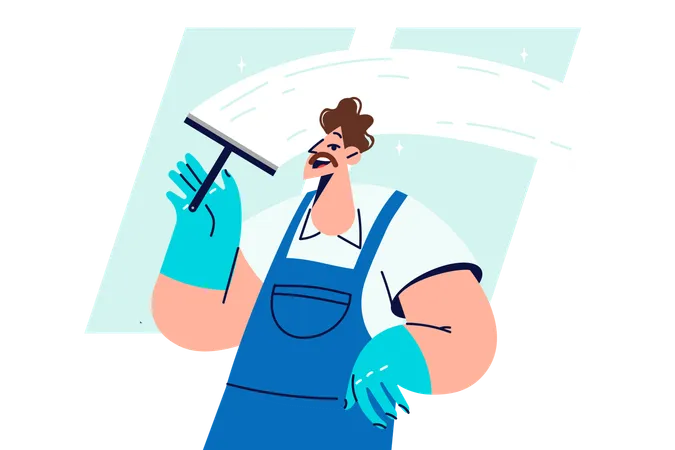 Man Window Cleaner Cleans Glass Polishing Surface And Removing Traces Of Streaks And Stains Guy Works As Window Cleaner Performing Disinfection And Sanitary Cleaning Of Business Premises Illustration