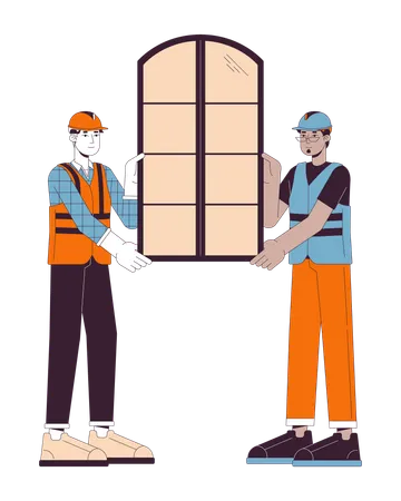 Window Installation Home Line Cartoon Flat Illustration Window Fitters Diverse Men 2 D Lineart Characters Isolated On White Background Installers Contractors Hardhat Scene Vector Color Image Illustration