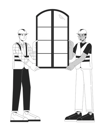 Window Installation Home Black And White Cartoon Flat Illustration Window Fitters Diverse Men 2 D Lineart Characters Isolated Installers Contractors Hardhat Monochrome Scene Vector Outline Image Illustration