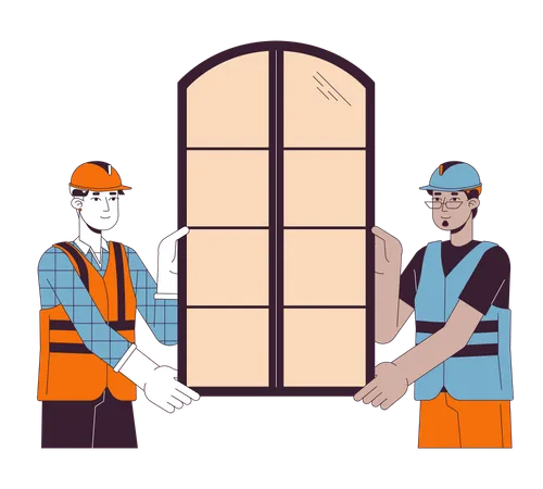 Window Installers Holding Frame 2 D Linear Cartoon Characters Diverse Men Construction Workers Isolated Line Vector People White Background Window Fitters Work Together Color Flat Spot Illustration Illustration