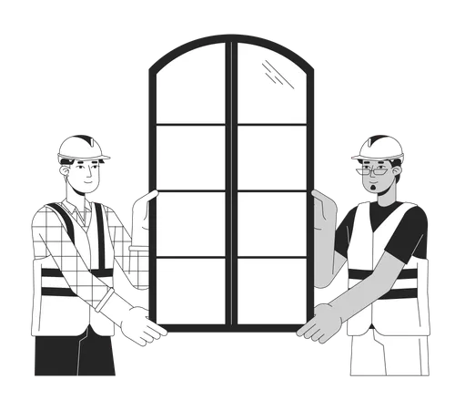 Window Installers Holding Frame Black And White 2 D Line Cartoon Characters Diverse Men Construction Workers Isolated Vector Outline People Window Fitters Monochromatic Flat Spot Illustration Illustration