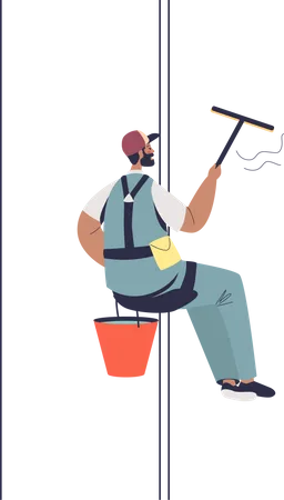 Window Washer In Uniform Hang On Steeplejack Washing Glass Of Skyscraper Building With Squeegee Cleaning Service Worker At Work Clean Highrise Facility Outside Cartoon Flat Vector Illustration Illustration