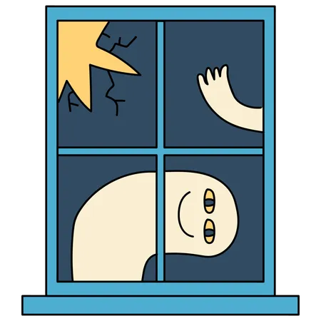 Window With Creepy Monster Cartoon Vector Illustration In Line Filled Design イラスト