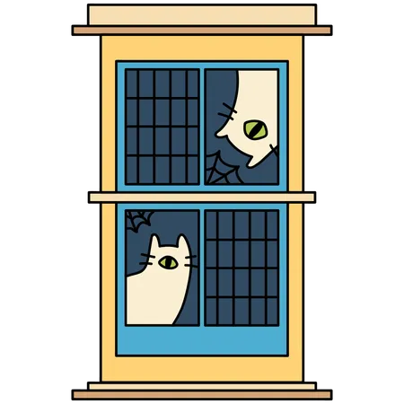 Window With Mysterious Cats Cartoon Vector Illustration In Line Filled Design Illustration
