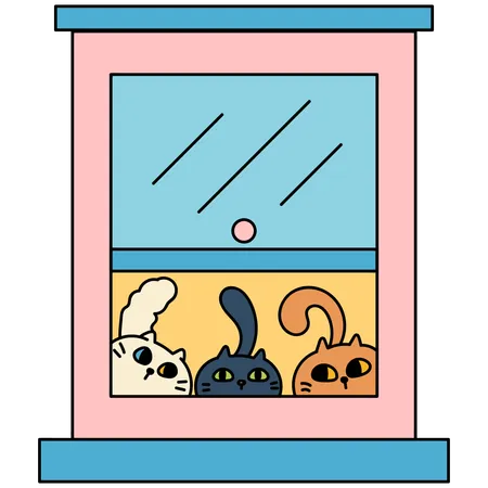 Window With Three Kittens Cartoon Vector Illustration In Line Filled Design Illustration