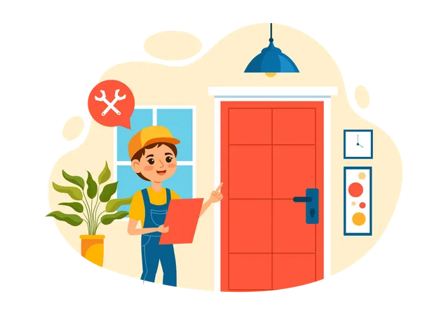 Windows And Doors Installation Service Vector Illustration With Worker For Home Repair And Renovation Use Tools In Flat Kids Cartoon Background Design 일러스트레이션