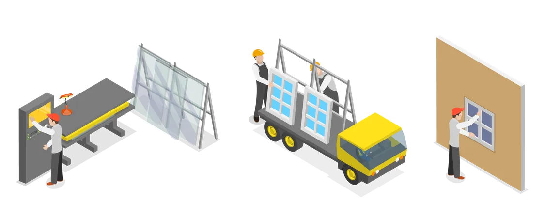 3 D Isometric Flat Vector Conceptual Illustration Of Windows Installing Building Construction Industry 일러스트레이션