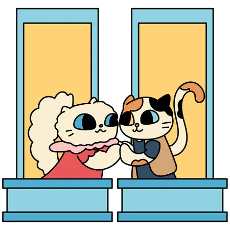 Windows With Cats Couple Cartoon Vector Illustration In Line Filled Design Illustration