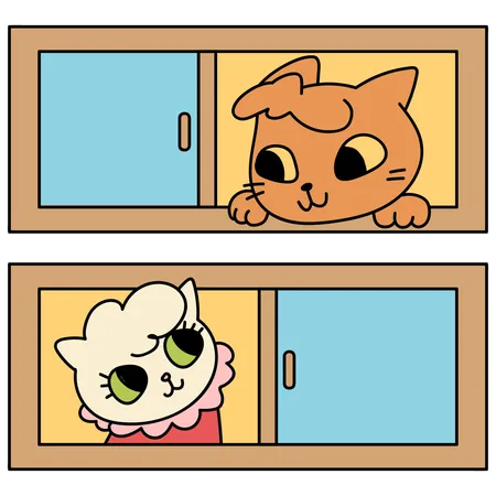 Windows With Neighborhood Cats Cartoon Vector Illustration In Line Filled Design Illustration