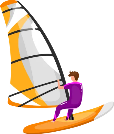 Windsurfing Flat Vector Illustration Extreme Sports Experience Summer Outdoor Fun Activities Man Balancing On Surfing Board Sportsman Isolated Cartoon Character On White Background Illustration