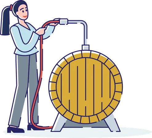 Wine Production Concept Smiling Woman Technologist Works On Wine Plant Character Controls Process Of Fermenting Must Of Wine In Wooden Barrel Cartoon Linear Outline Flat Style Vector Illustration イラスト