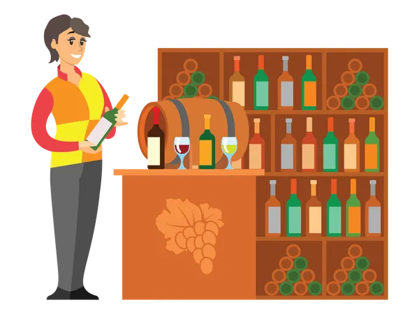 Supermarket Sommelier And Butchers Set Vector Bartender Wine Bottles Of Different Types Shopping Trolleys And Fruits At Shelves Meat And Vegetables Illustration