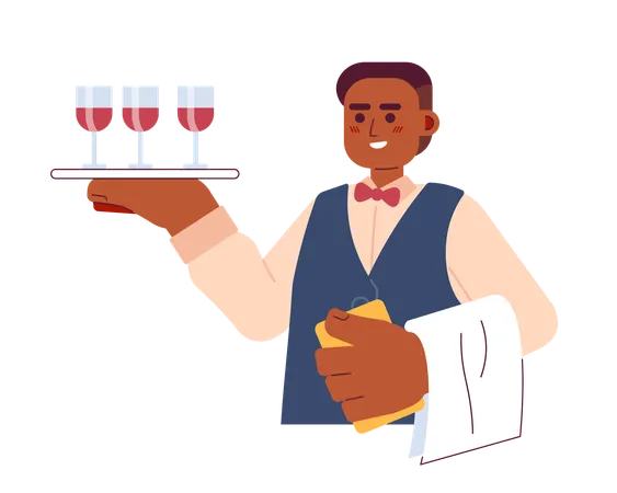 Wine Steward African American Male 2 D Cartoon Character Sommelier Man Black Isolated Vector Person White Background Wineglasses Tray Holding Bartender Occupation Color Flat Spot Illustration Illustration