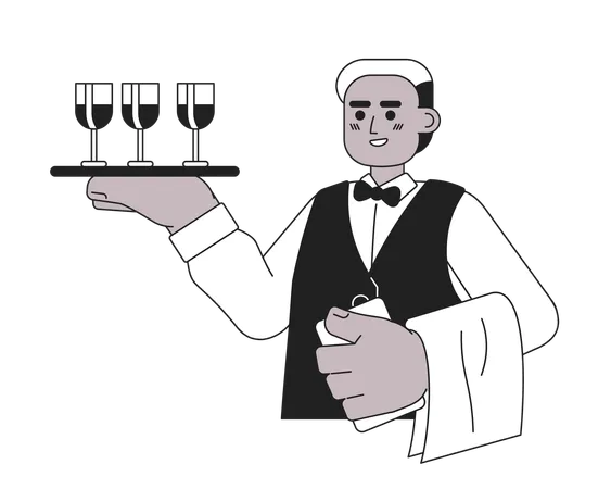 Wine Steward African American Male Black And White 2 D Cartoon Character Sommelier Man Black Isolated Vector Outline Person Wineglasses Tray Holding Bartender Monochromatic Flat Spot Illustration Illustration