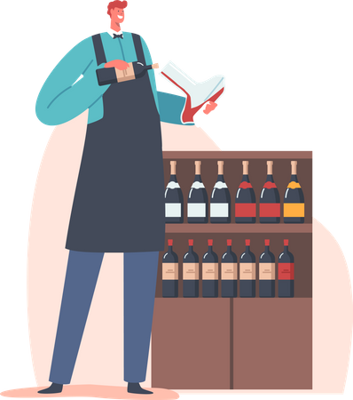 Wine Steward Holding Bottle and Tasting Flask  Illustration