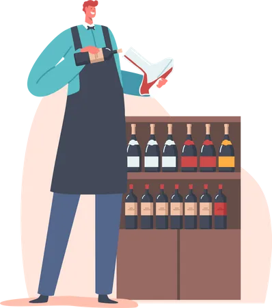 Wine Steward Holding Bottle and Tasting Flask  Illustration