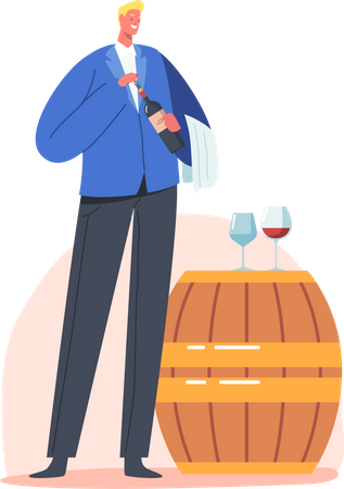 Wine Steward Holding wine Bottle near Wooden Barrel  Illustration