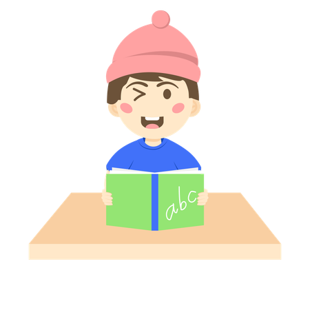 Winkle eye boy holding English book  Illustration