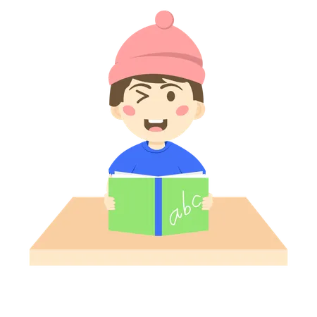 Winkle eye boy holding English book  Illustration