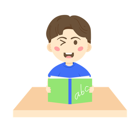 Winkle eye boy smilling while holding english book  Illustration