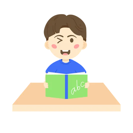 Winkle eye boy smilling while holding english book  Illustration