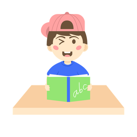 Winkle eye boy wearing hat while holding english book  Illustration