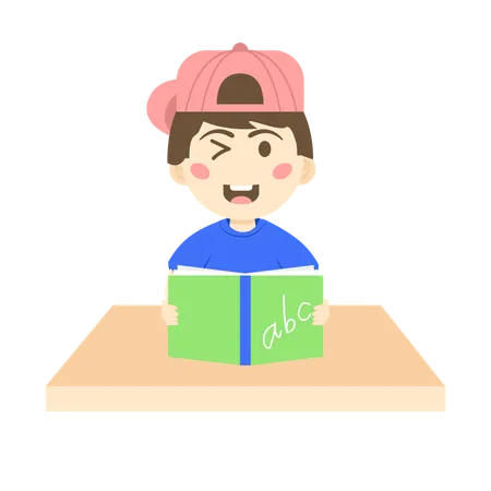 Winkle eye boy wearing hat while holding english book  Illustration