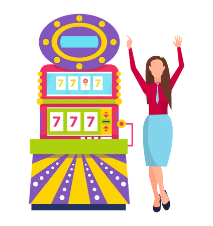 Success Of Playing Game Machine Female Player With Rising Hands Gambling Entertainment 777 Winning Icons Winner Woman In Casino Lucky Gamer Vector Illustration