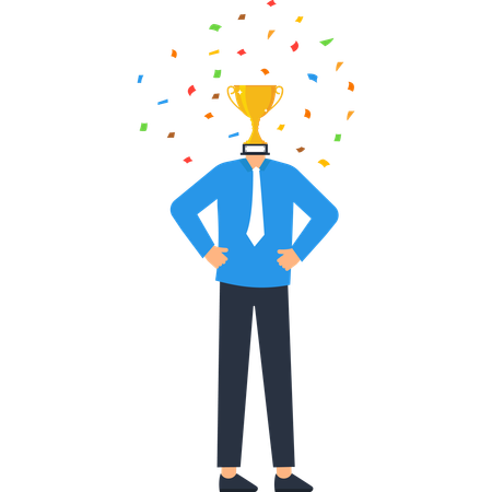 Winner with Trophy Head Celebrating Success  Illustration