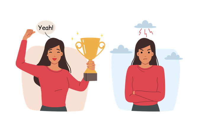 Winner woman shouts yeah and holds cup in hands standing near losing competitor  Illustration