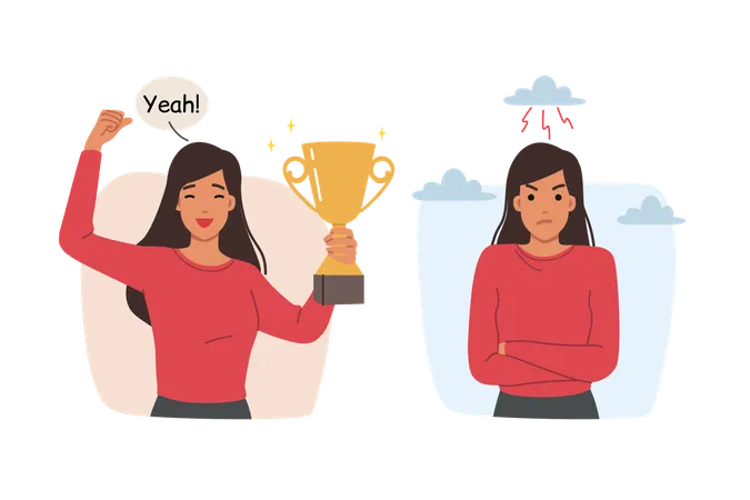 Winner woman shouts yeah and holds cup in hands standing near losing competitor  Illustration