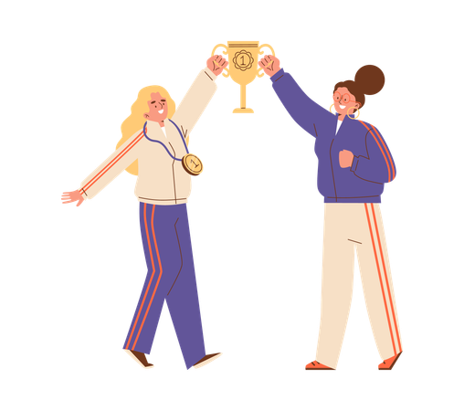 Winners of sport competition or team game with gold cup  Illustration