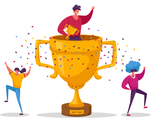 Cheerful People Characters Celebrating Win Laughing With Hands Up Around Of Huge Gold Cup With Man Sitting Inside Joyful Colleagues Employees Rejoice For Teamwork Success Linear Vector Illustration Illustration