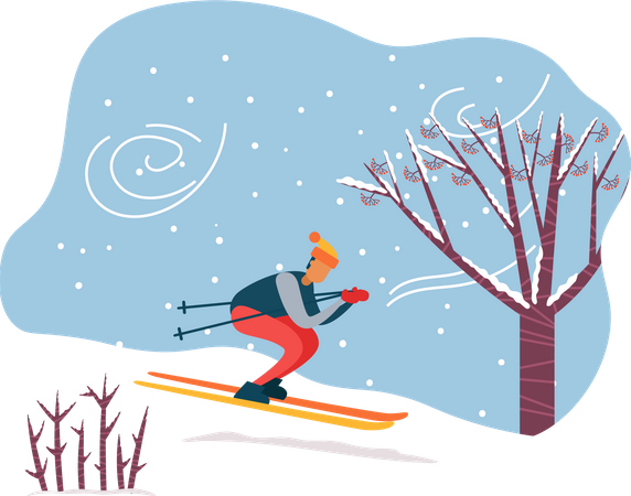 Winter Activity Person Skiing by Downhill  Illustration