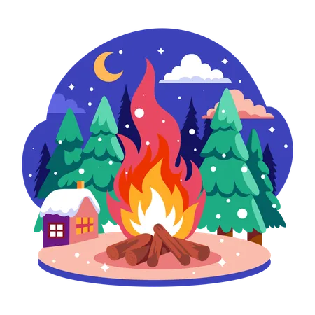 Winter Bonfire in forest  Illustration