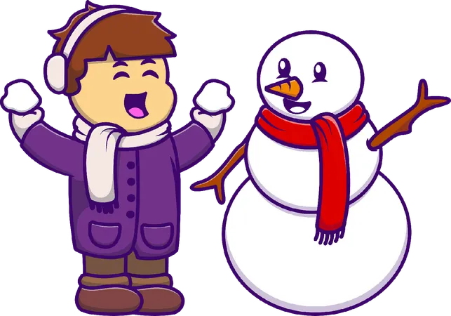 Winter Boy And Snowman Playing  イラスト