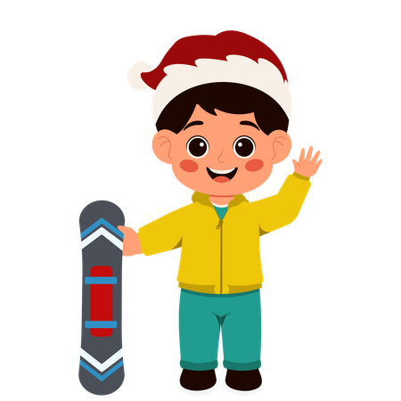 Winter Boy Holding Ski Board While Saying Hello  Illustration