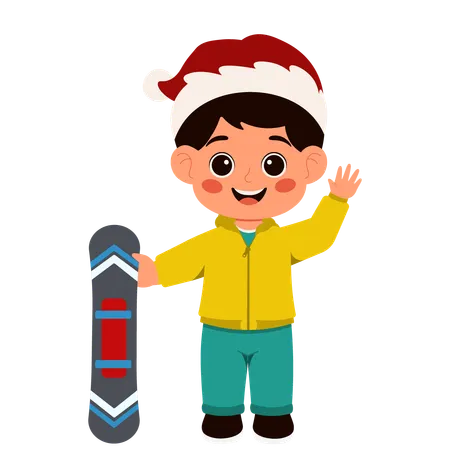 Winter Boy Holding Ski Board While Saying Hello  Illustration