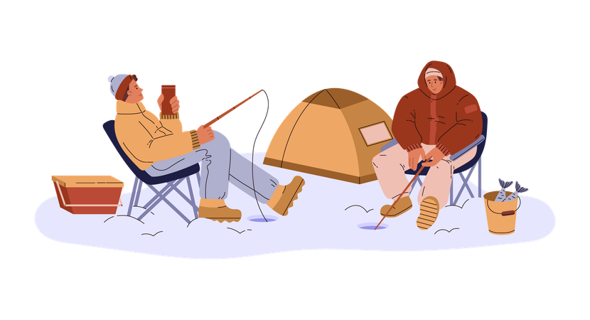 Winter camping and fishing with young men fishing in ice hole  Illustration