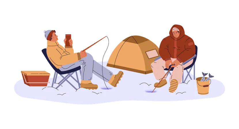 Winter camping and fishing with young men fishing in ice hole  Illustration