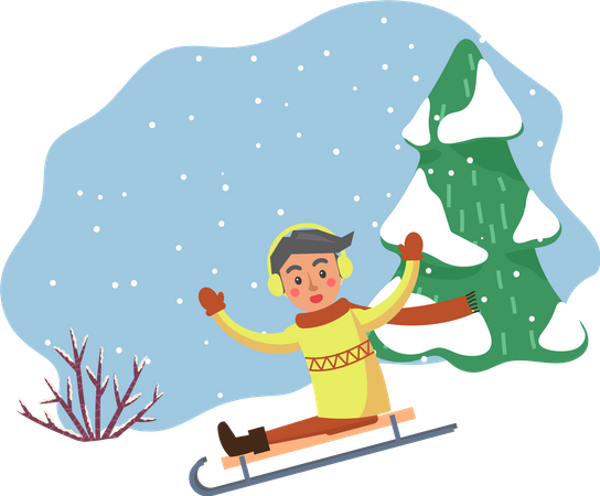 Winter  Child Sliding Down Hill  Illustration