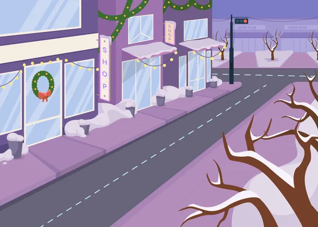 Winter City Street Flat Color Vector Illustration Outdoor Decoration Stores Lighting With Celebratory Illumination Snowy Christmas 2 D Cartoon Cityscape With Closed Shops On Background Illustration