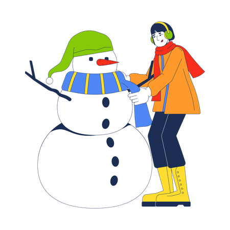 Winter coat woman tying scarf around snowman neck  Illustration