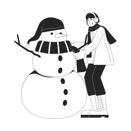 Winter coat woman tying scarf around snowman neck  Illustration