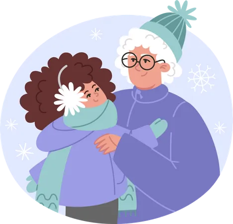 Winter Family Portrait Grandmother And Granddaughter In Flat Style Illustration